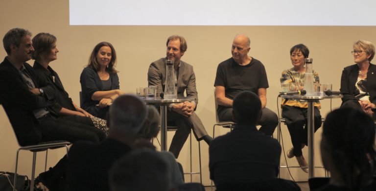 The Panelists: (Left to right) Hayes Slade, James Slade Sofia Zimmerman, Adam Zimmerman, Billie Tsein, and Tod Williams, and Jane Frederick.