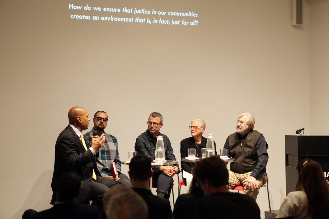 Panel discussion participants, left to right: Fernando Martinez, Lex Steppling, Dan Gallagher, Susan Opotow, and Harold Appel. Credit: Center for Architecture