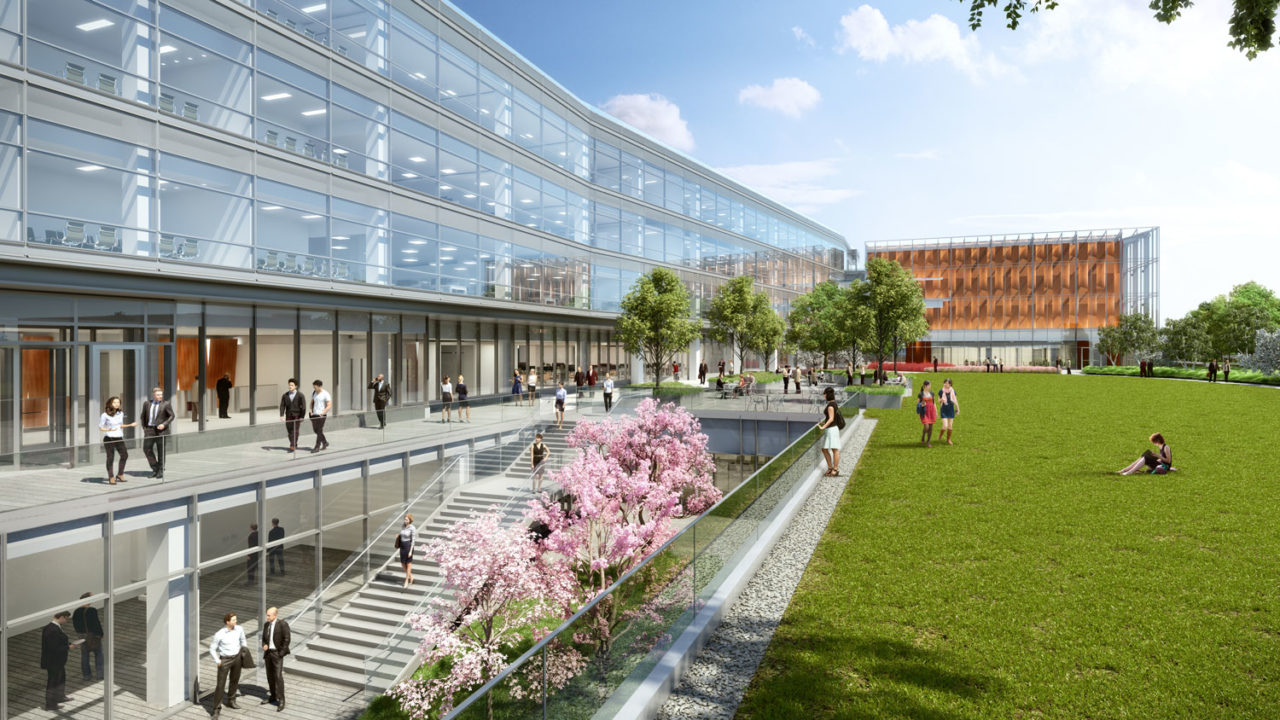 The new 360,000-square-foot LG North America Headquarters in Englewood Cliffs, New Jersey will allow LG to double its local employment to more than 1,000 by 2019. Designed for LEED Platinum certification, the project includes protected woodlands and six wetlands on the 27-acre site.