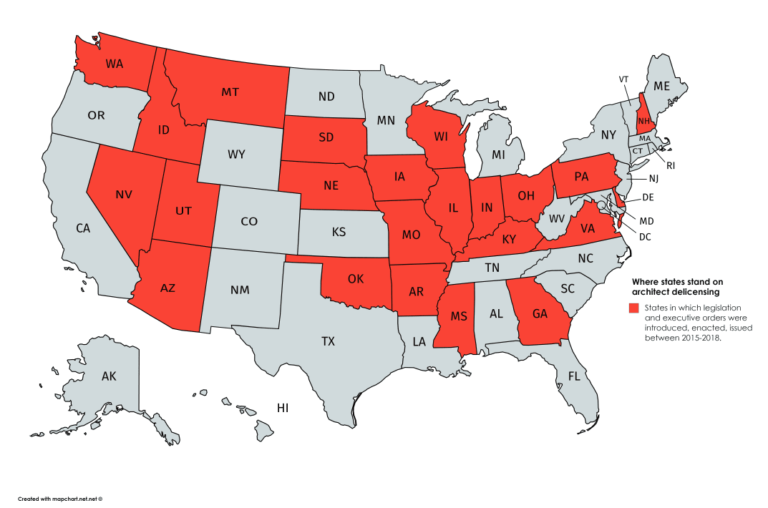 States where delicensing legislation and executive orders were introduced, enacted, or issued between 2015 and 2018.