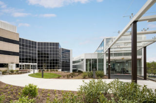 Front exterior of Memorial Sloan Kettering Cancer Center, Monmouth Outpatient Facility Expansion, Middletown, NJ. Architect: Perkins+Will. Photo: Katherine Marks.