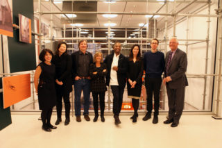 The AIANY Design Awards 2018 Jury, from left to right: Debra Lehman Smith, J. Meejin Yoon, Tom Kundig, Ila Berman, Walter Hood, Gro Benesmo, and Aaron Forrest, with 2018 AIANY President Guy Geier.