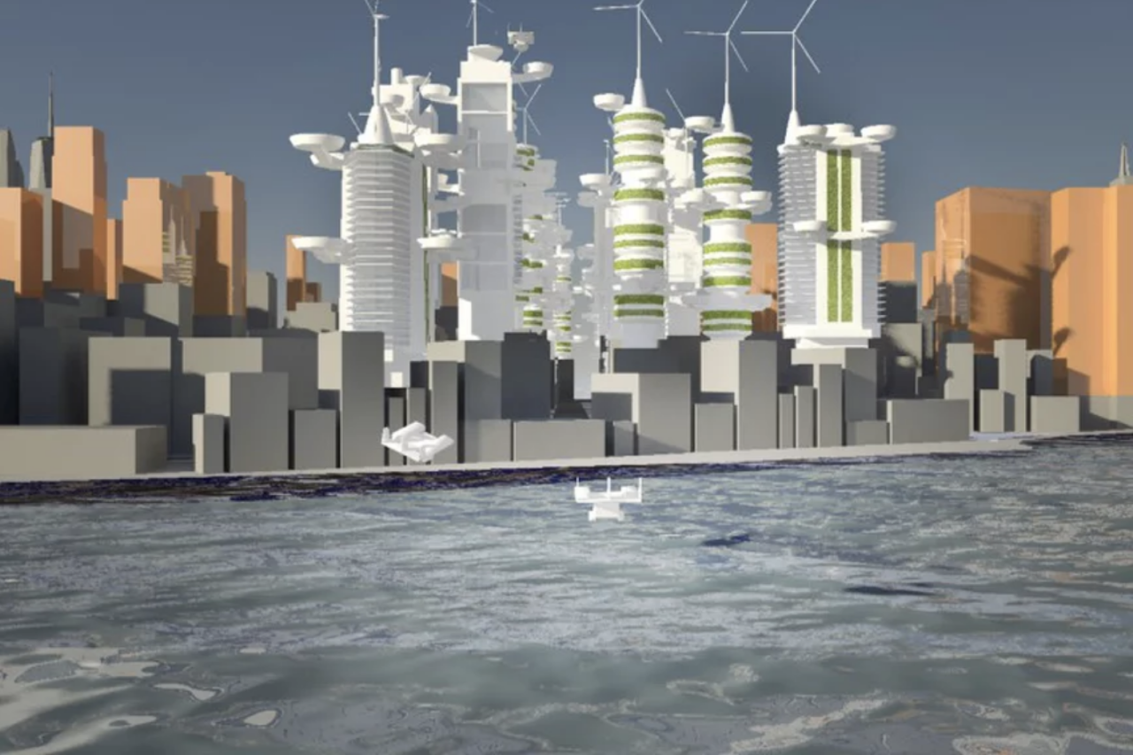 Heat Island Mitigation Corridor Rezoned, 2050 AD scene in “Manhottan Island” video. Creators: Xiaobei Yang, Maria Augustina Santana, Preetal Shah, Columbia University GSAPP, Urban Design.