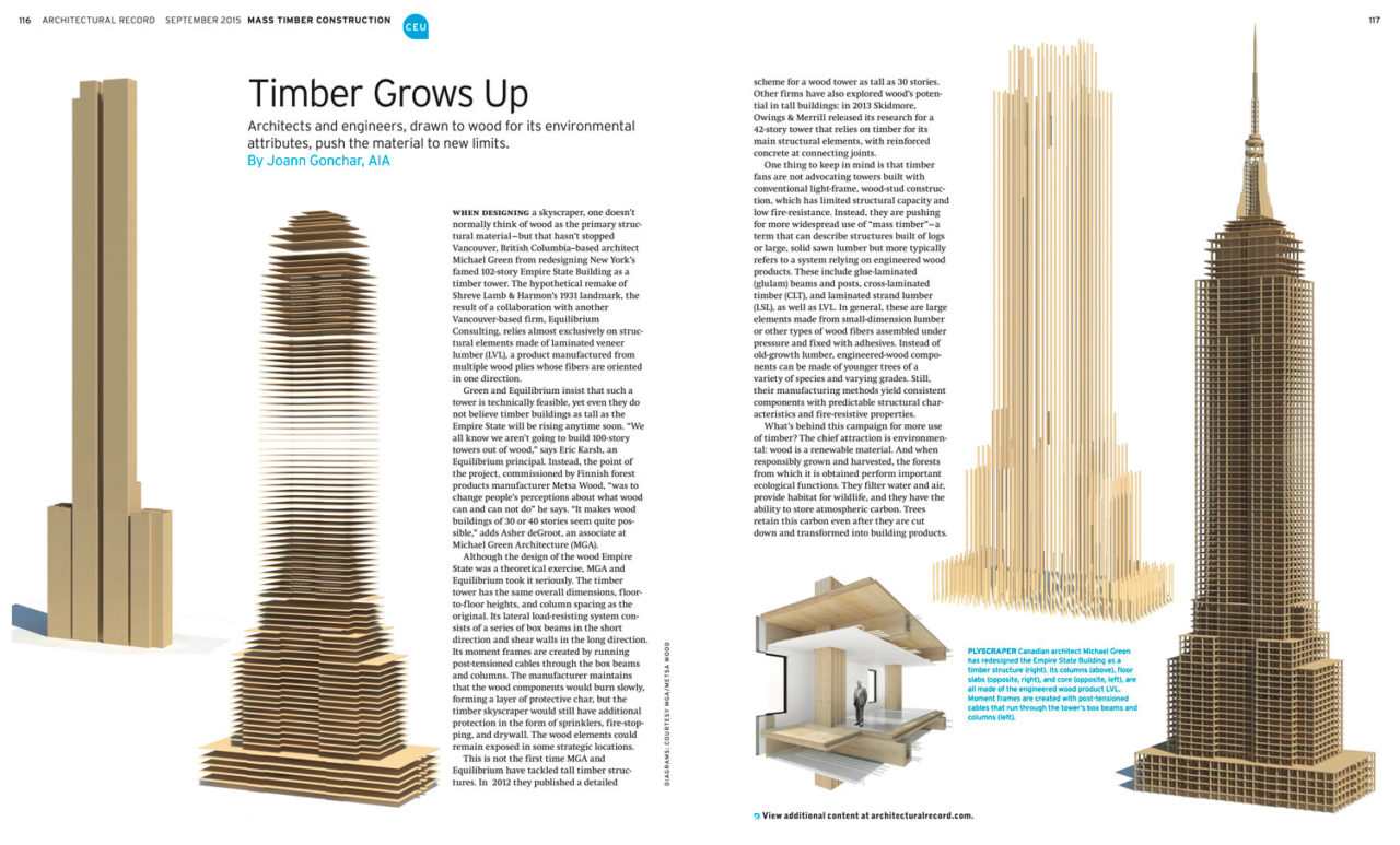 Mass Timber Feature, Architectural Record, September 2015. Photo: Architectural Record.