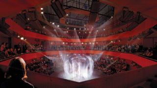 Rendering of the 499-person auditorium in a theater-in-the-round configuration. Image: Luxigon.