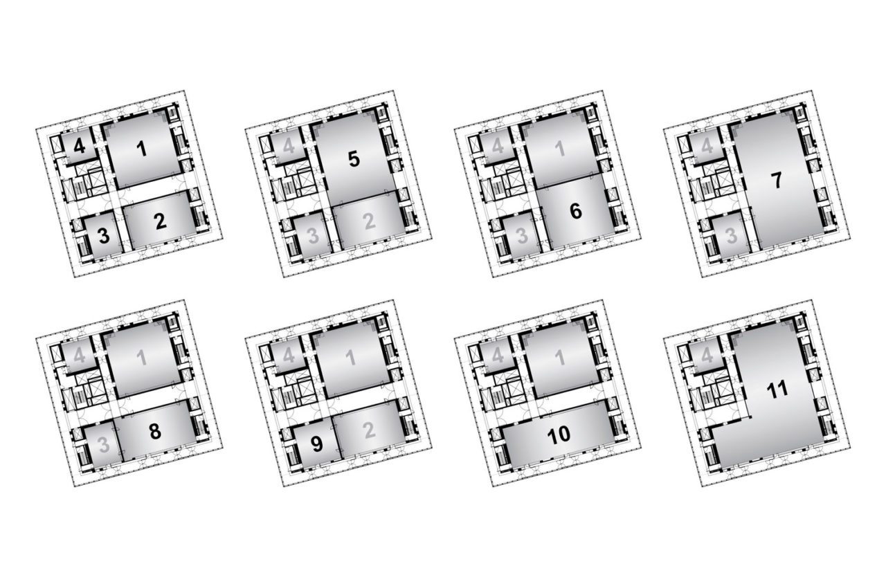 The three auditoriums can be combined to form seven additional unique performance spaces, for a total of 11 arrangements, including a rehearsal room venue. Image: REX.