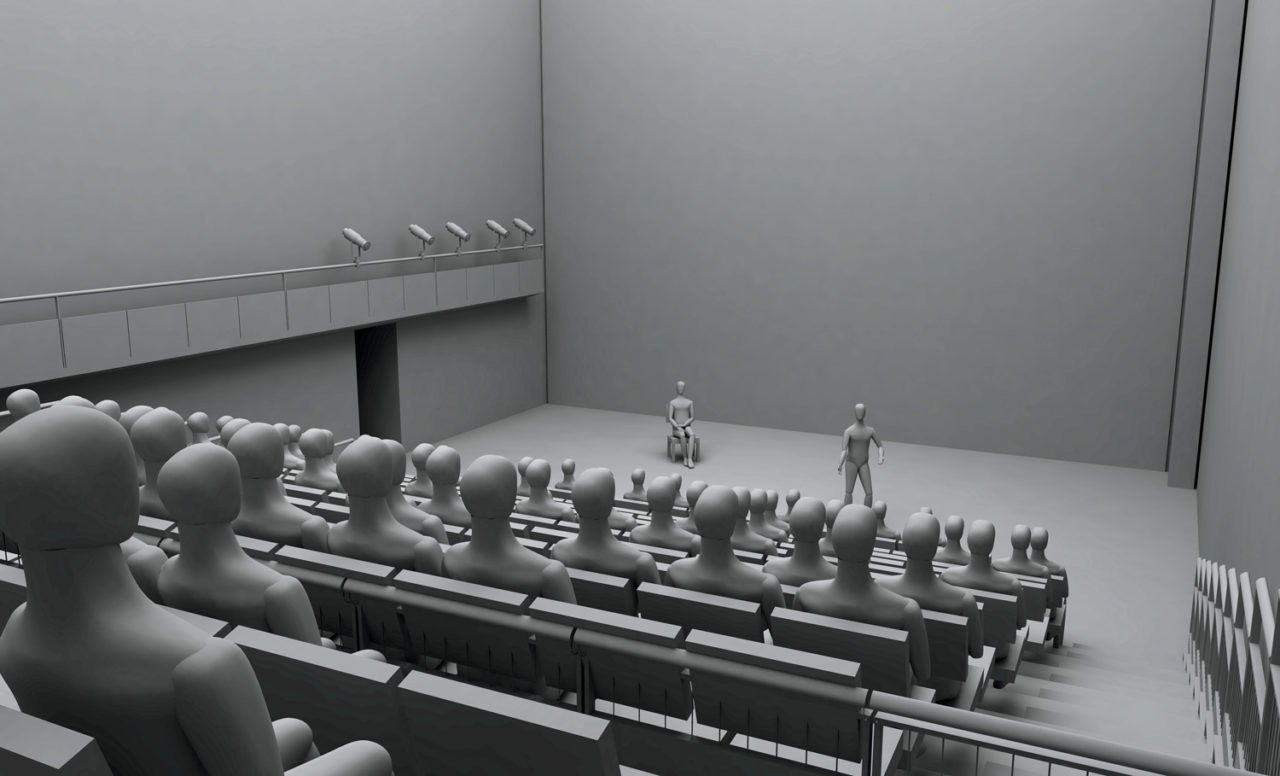 VR simulations of multiple theater configurations as seen from the audience's point of view. Image: Charcoalblue LLP 2018.