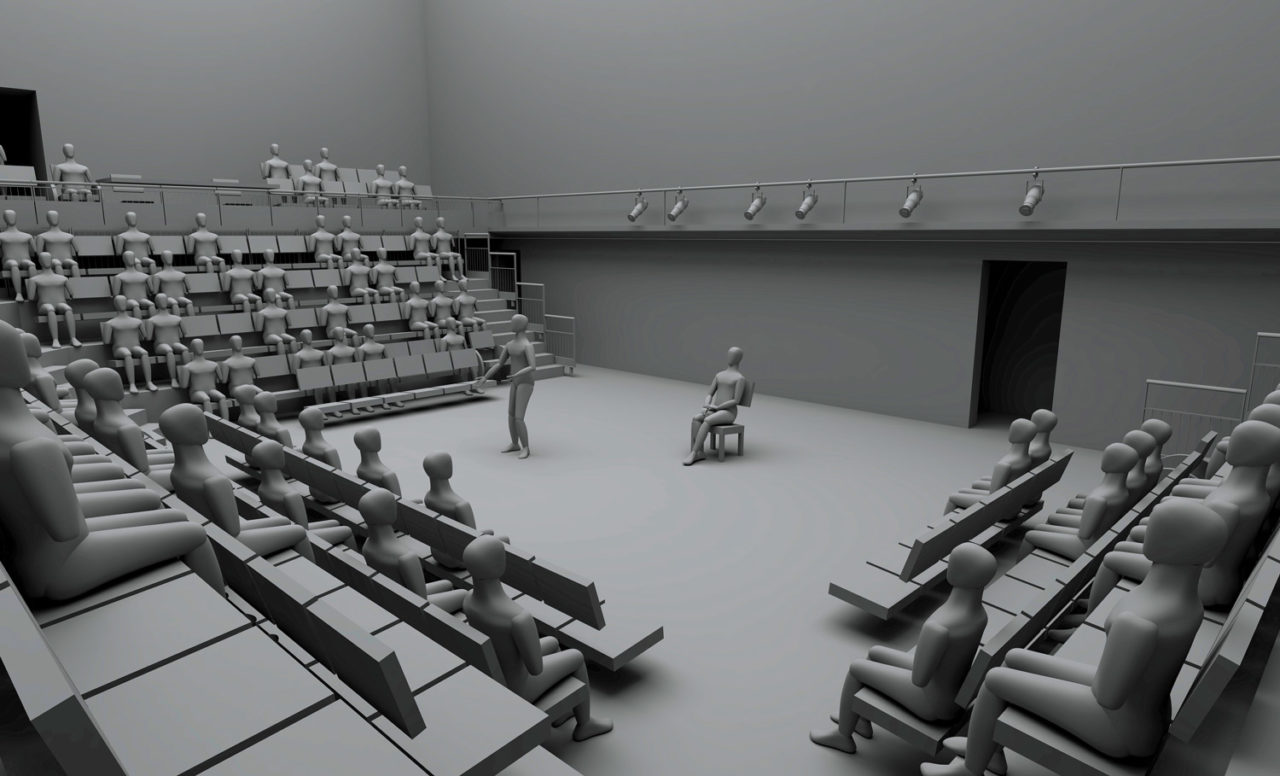 VR simulations of multiple theater configurations as seen from the audience's point of view. Image: Charcoalblue LLP 2018.