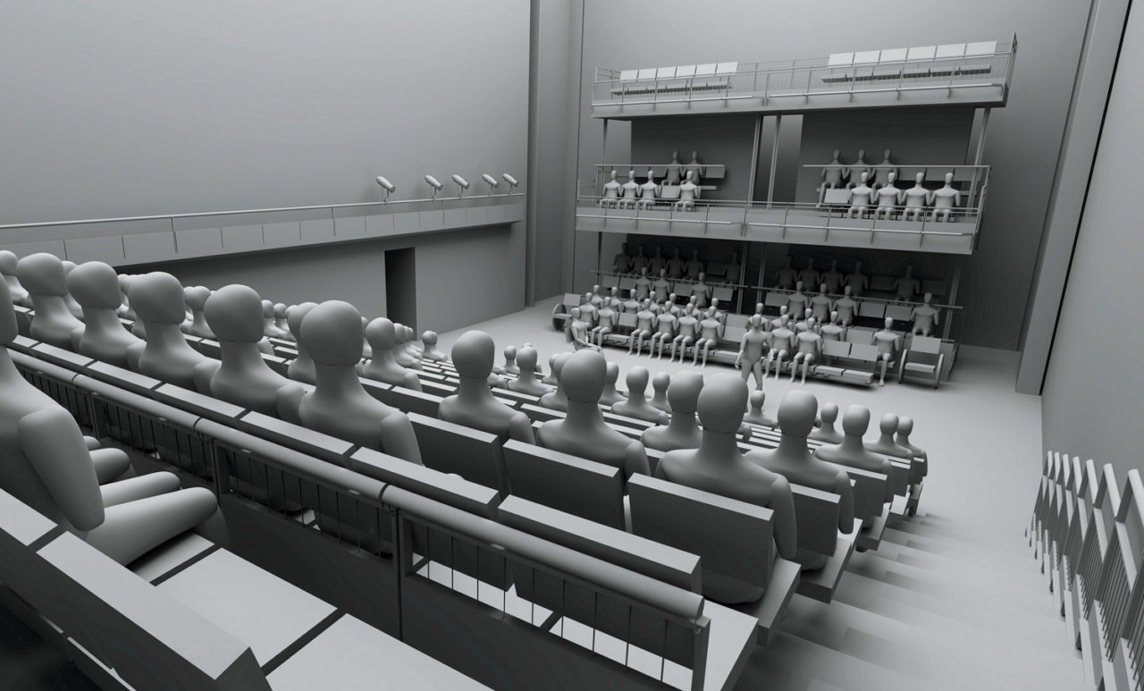 VR simulations of multiple theater configurations as seen from the audience's point of view. Image: Charcoalblue LLP 2018.