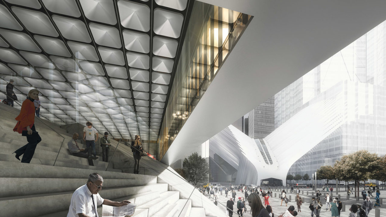 Exterior staircase rendering. Half this grand stair offers generous seating for people who want to linger and watch the bustling plaza. Image: Luxigon.
