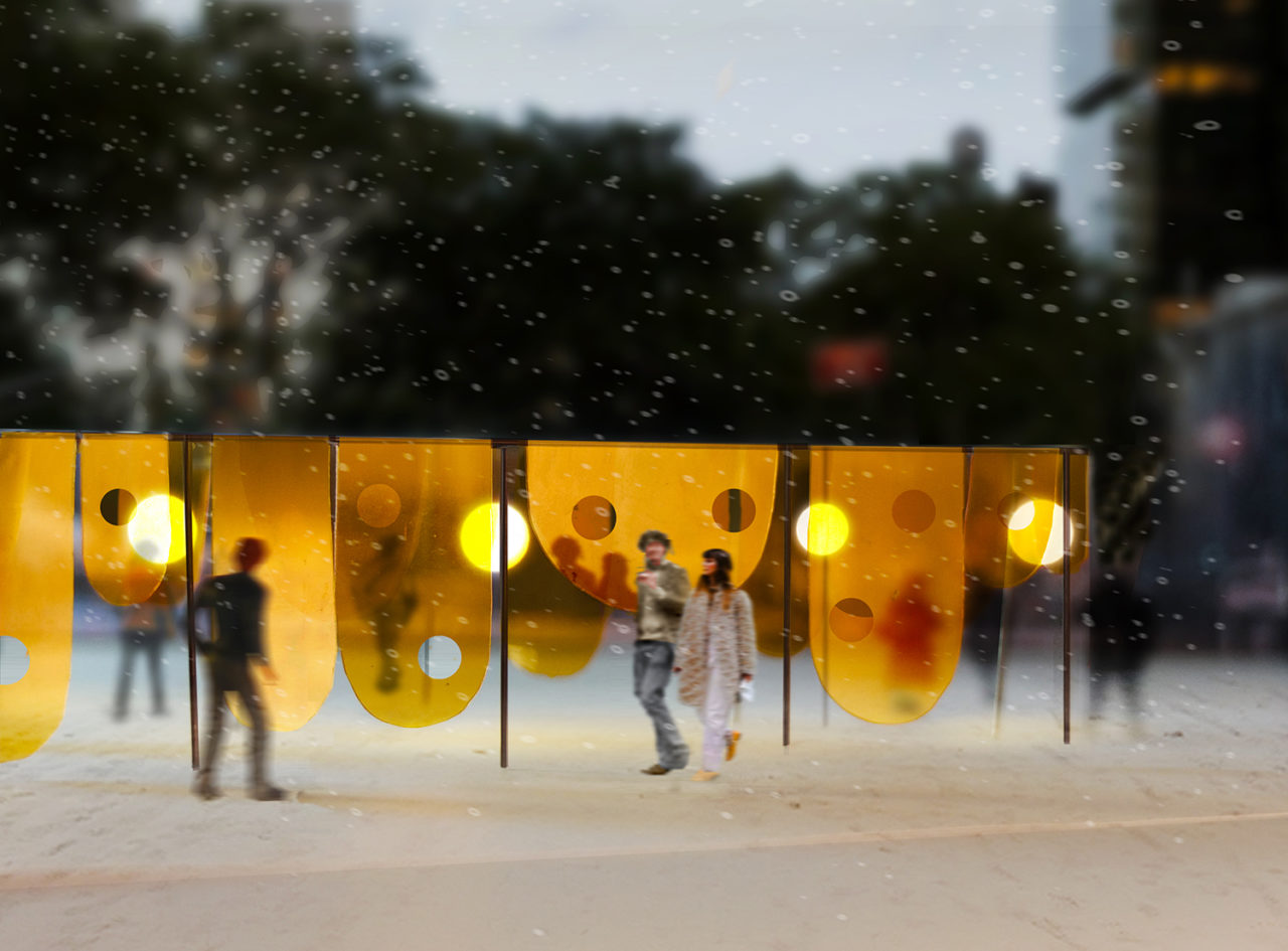 Flatiron Public Plaza Holiday Competition 2018 winner, Happy, by Studio Cadena. Image credit: Studio Cadena.