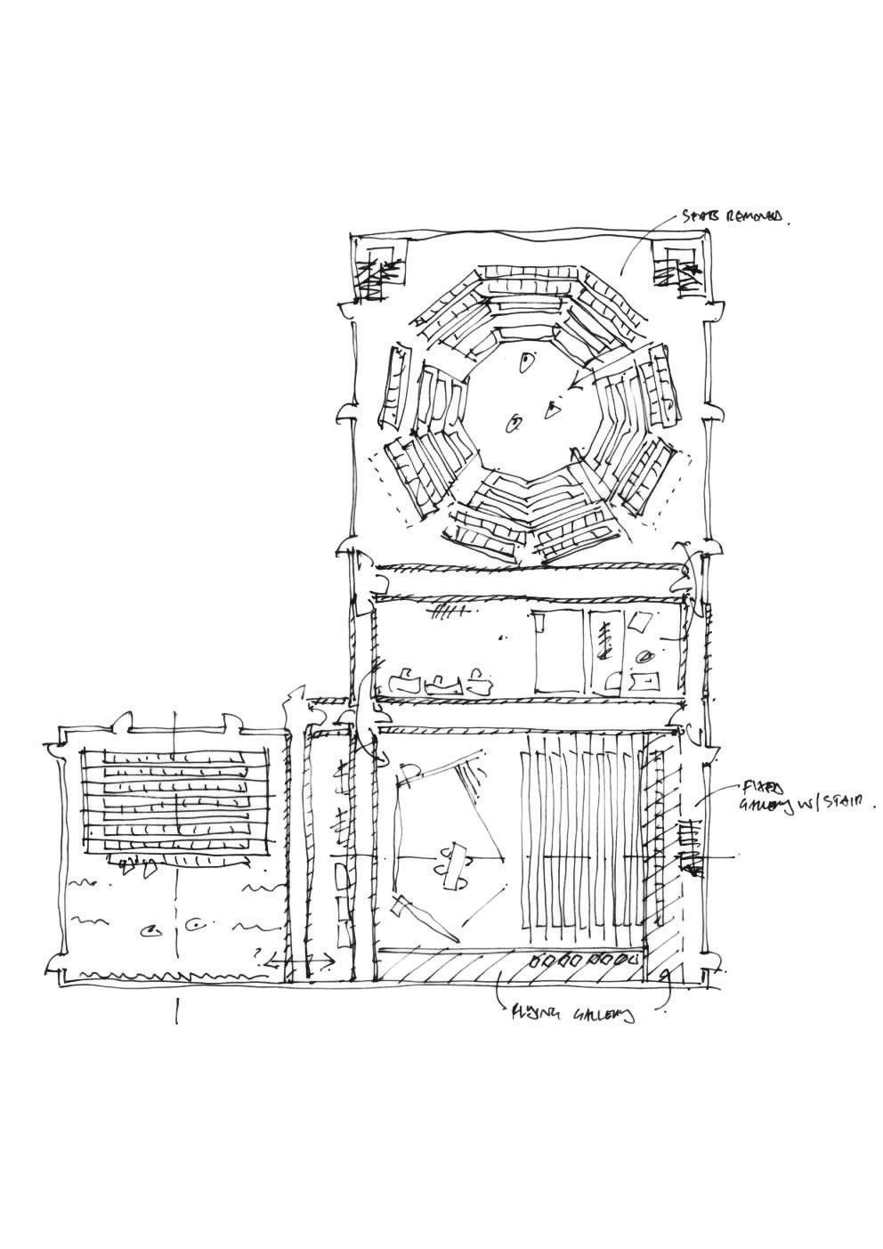 Early sketches of the auditorium's stage-audience variations. Image: Charcoalblue LLP 2018.