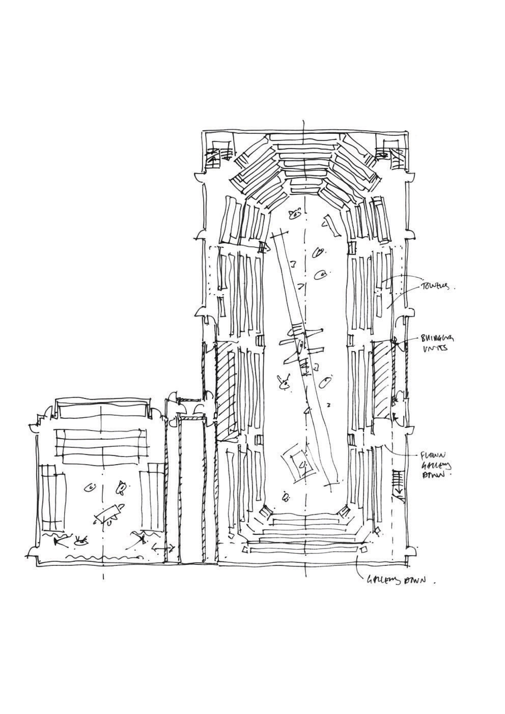 Early sketches of the auditorium's stage-audience variations. Image: Charcoalblue LLP 2018.