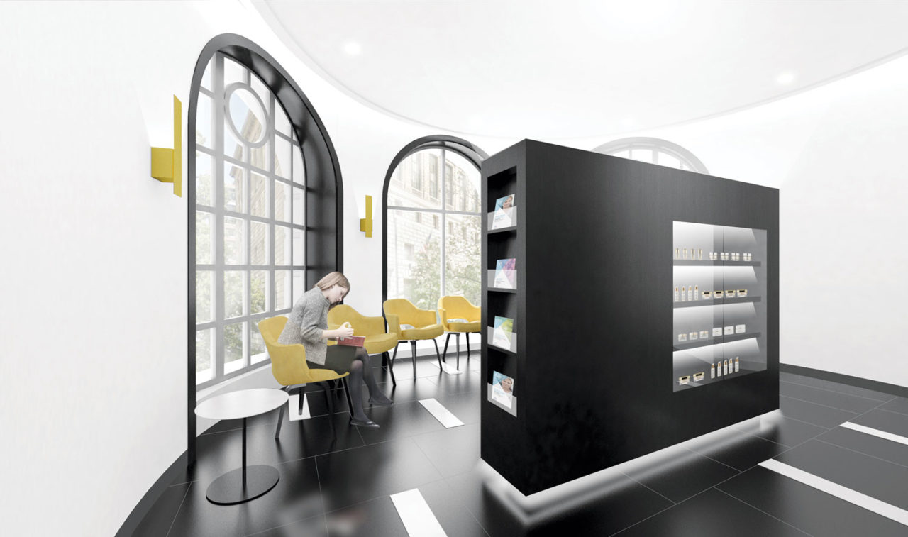 Mt. Sinai Ansonia's cosmetic dermatology waiting area is located in one of the building’s historic turrets. Image: Stephen Yablon Architecture.