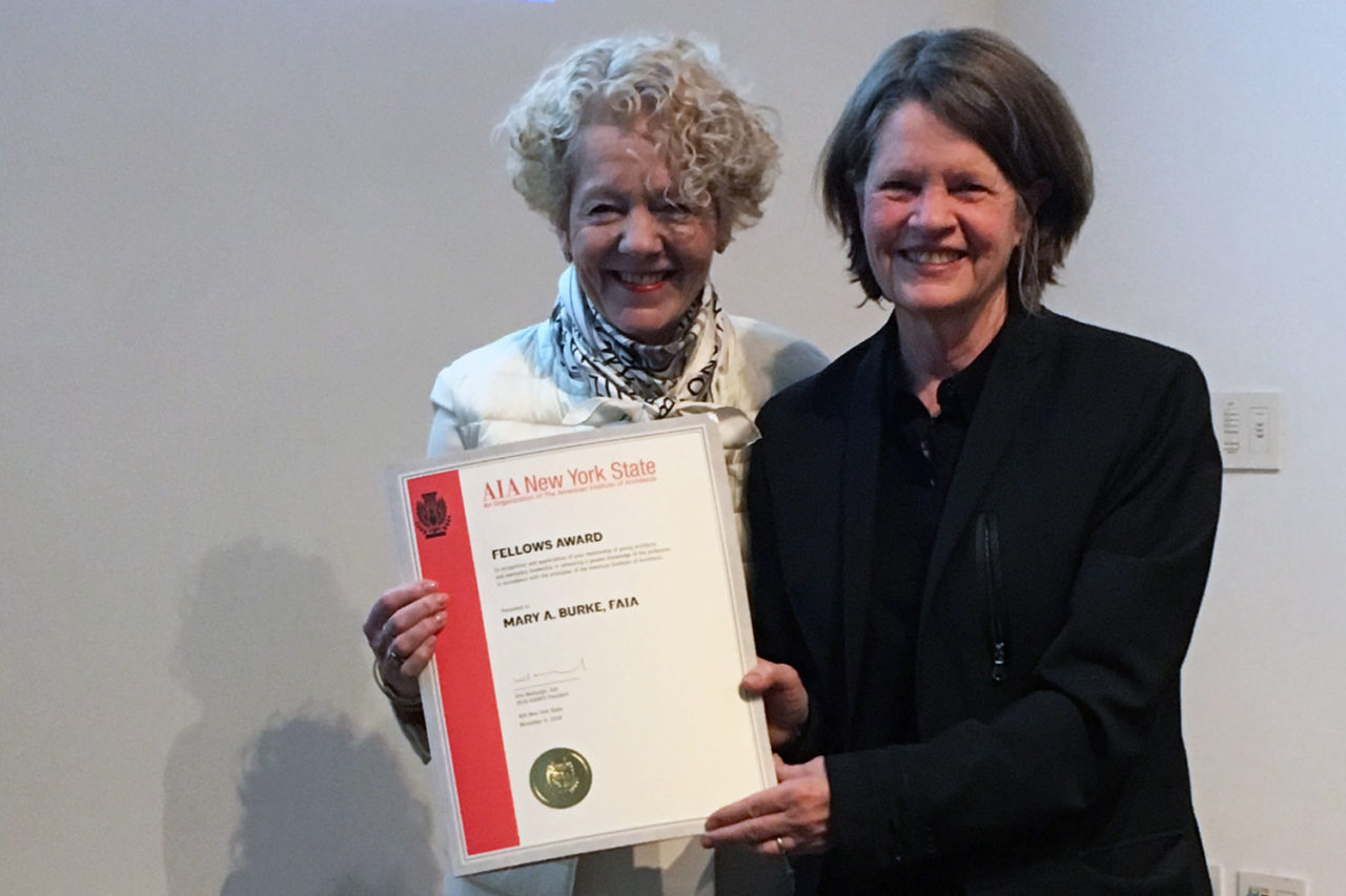 Jane Smith, FAIA, IIDA, presents the AIA New York State Fellows Award to Mary Burke, FAIA, Founder & Principal, Burke Design and Architecture PLLC. Photo: AIA New York.