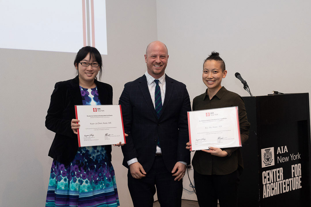 Ben Prosky, Assoc. AIA, Executive Directory, AIA New York and the Center for Architecture, withAIANY Scholarship winners Kuan-Ju Chen and A.L. Hu. Photo: Angie Vasquez.