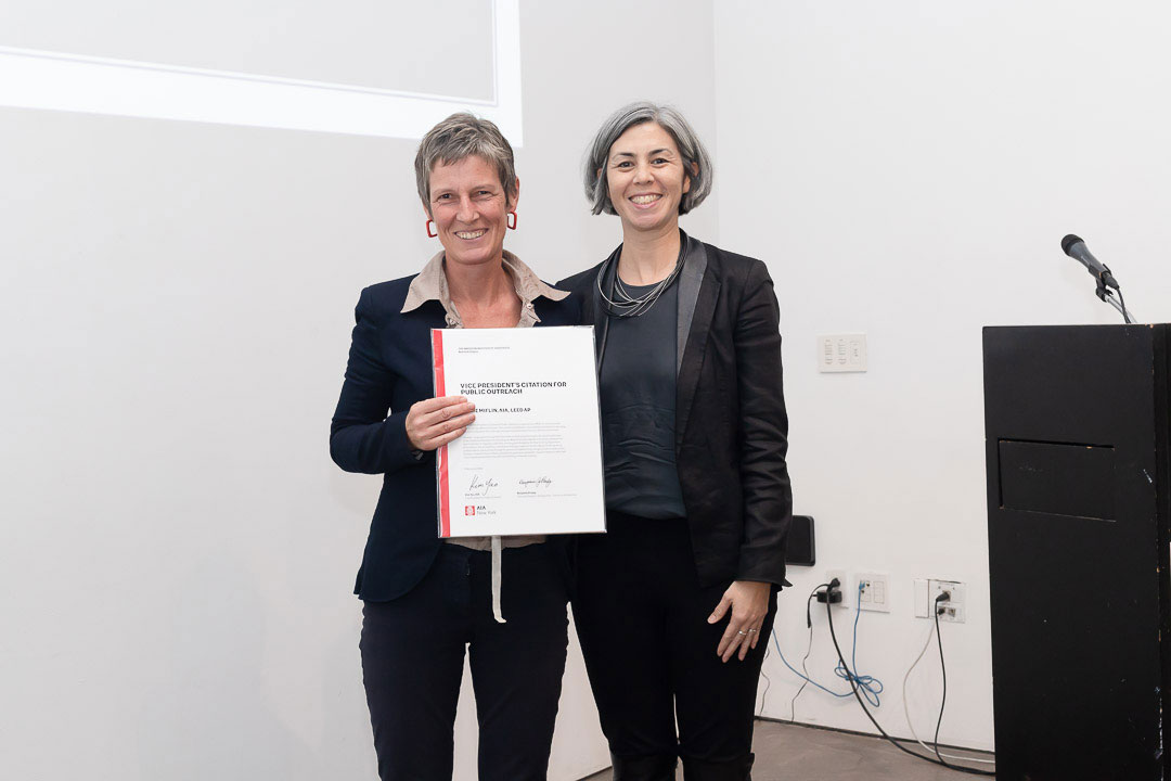 Kim Yao, AIA, VP for Public Outreach, presents the AIANY Citation for Public Outreach to Clare Miflin, Co-chair, AIANY Committee on the Environment, for the Zero Waste Design Guidelines and related initiatives. Photo: Angie Vasquez.