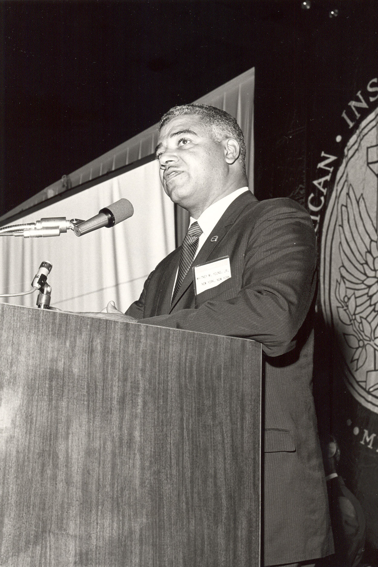 Whitney Young challenges at the 1968 AIA National Convention. Photo: AIA Archives.