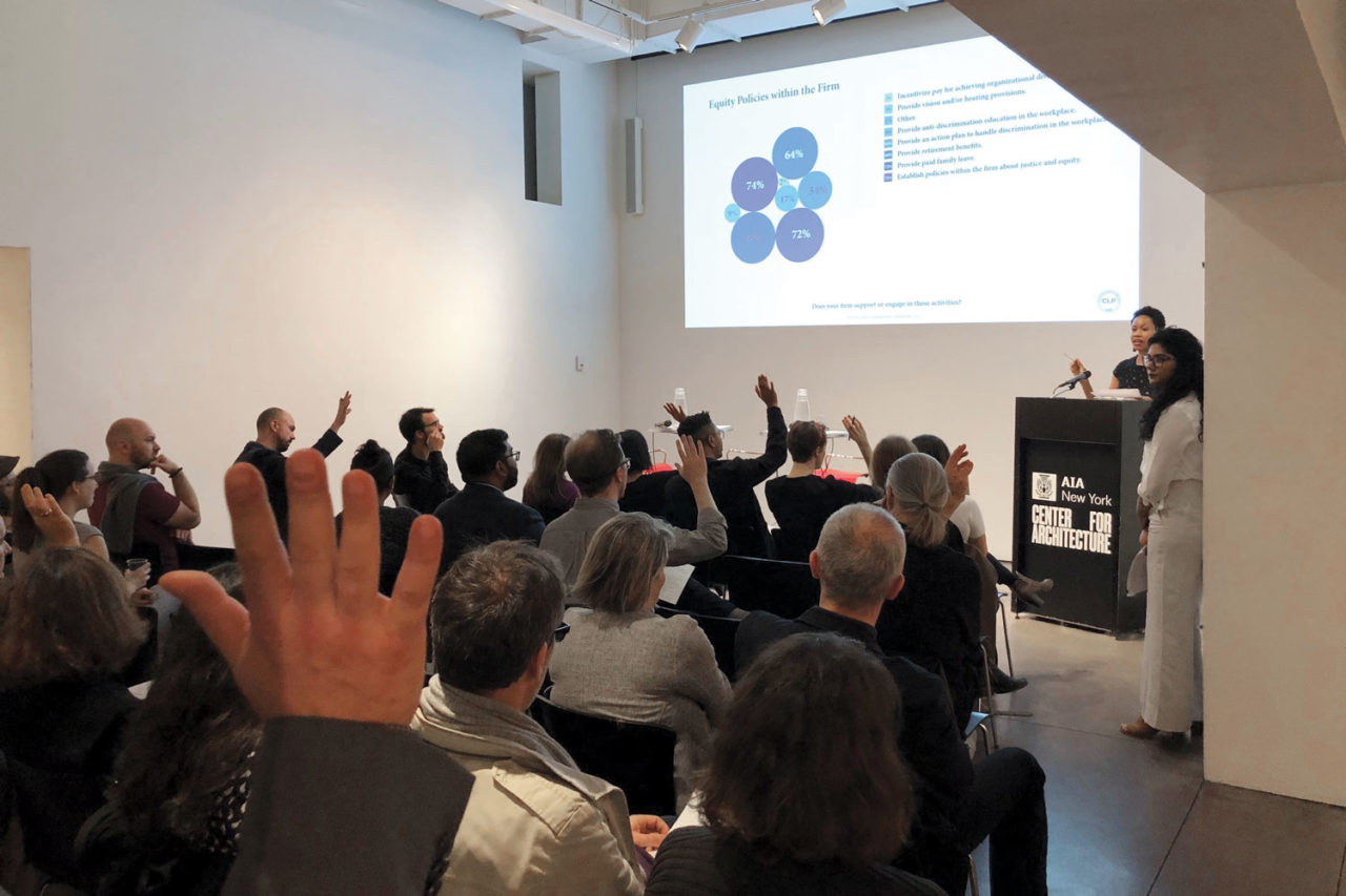 At an event in November, AIANY’s Civic Leadership Program announced the results of their survey, which tabulated responses in from 72 member firms on issues of civic engagement, political activism, and equity. One notable stat: Only 64% of the firms provide action plan to handle discrimination in the workplace.