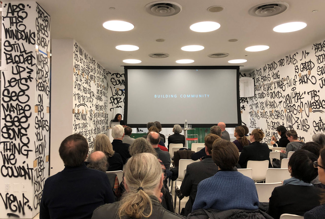 Kavitha Mathew, Director of Engagement and Leadership Initiatives, AIA New York, at the BUILDING COMMUNITY Town Hall. Image credit: Karen Fairbanks.