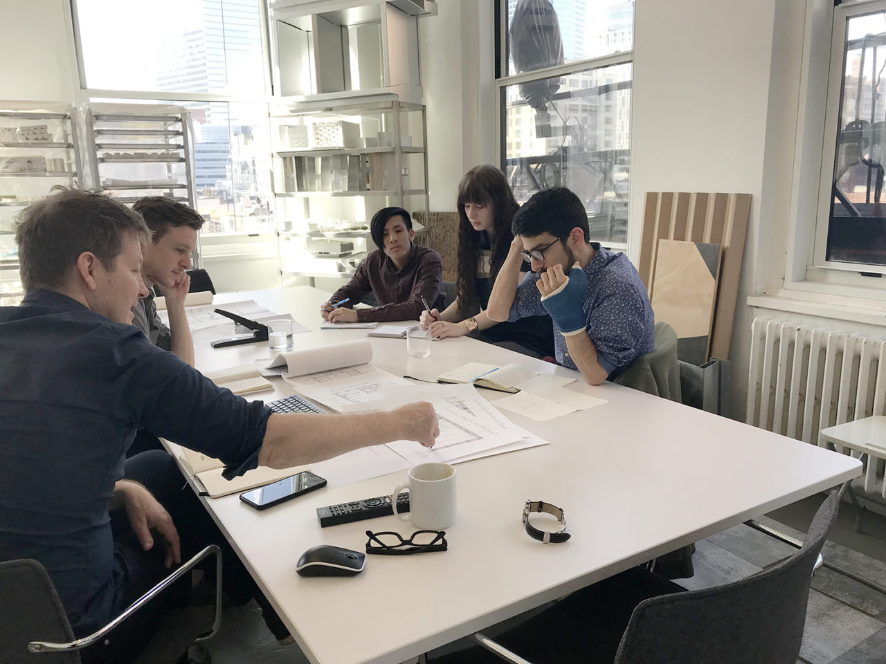 Emily Wetzler and Kyle Chan meet with Rice + Lipka staff. Image courtesy of Rice + Lipka.