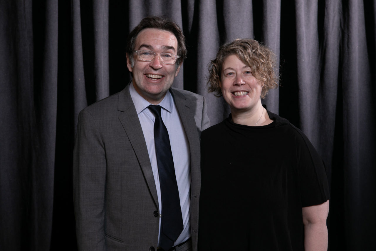 Mike Harshman of WEISS/MANFREDI, who accepted an Architecture Merit Award for Cornell Tech Tata Innovation Center, with Andrea Monfried, Public Director, AIANY Board of Directors. Photo: Sam Lahoz.
