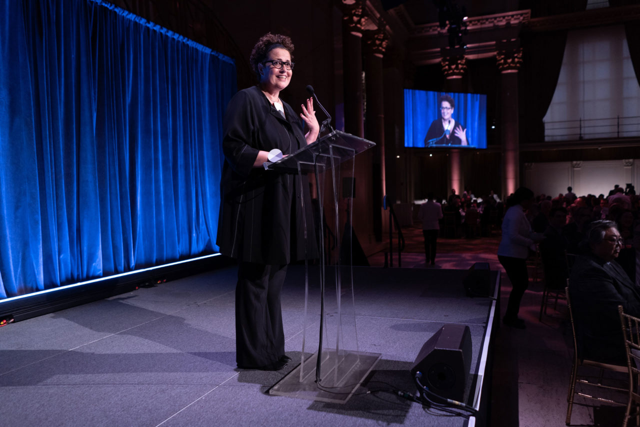 Cindy Allen, Editor in Chief of Interior Design Magazine, accepts the Stephen A. Kliment Oculus Award. Photo: Sam Lahoz.