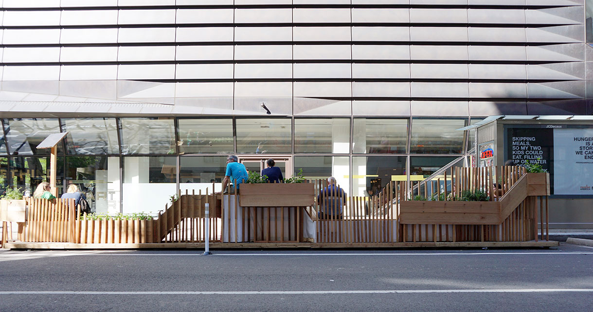 Street Seats installation by Parsons School of Constructed Environments and NYC DOT. Photo: Eric Feuster.