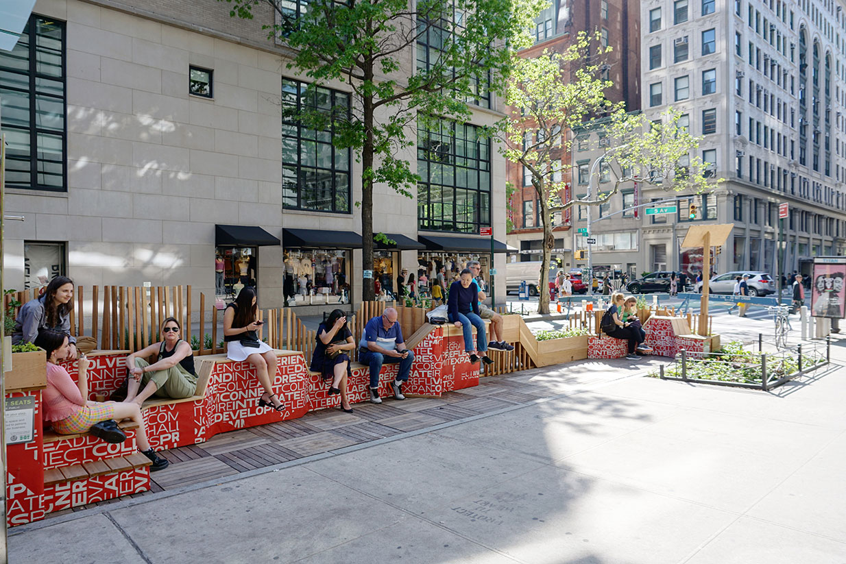 Street Seats installation by Parsons School of Constructed Environments and NYC DOT. Photo: Eric Feuster.