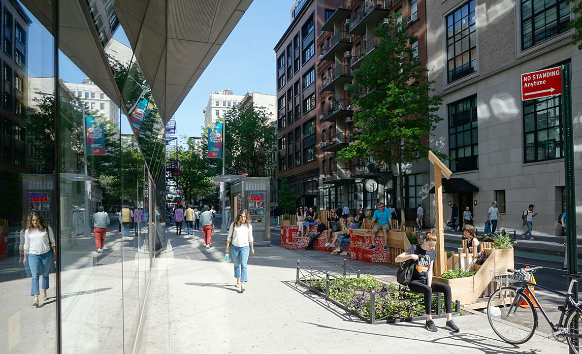 Street Seats installation by Parsons School of Constructed Environments and NYC DOT. Photo: Eric Feuster.