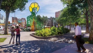 Renderings of the monument Our Destiny, Our Democracy, initiated by She Built NYC and designed by Amanda Williams and Olalekan Jeyifous. Image credits: Renderings by Amanda Williams and Olalekan Jeyifous.