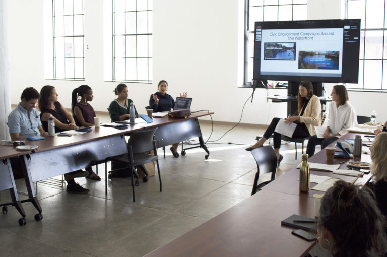 The cohort then took a ferry to Brooklyn Army Terminal to discuss all aspects of waterfront equity, reconvening to expand the dialogue with invited speakers in one of the SMIA neighborhoods, Sunset Park. Image credit: Center for Architecture.