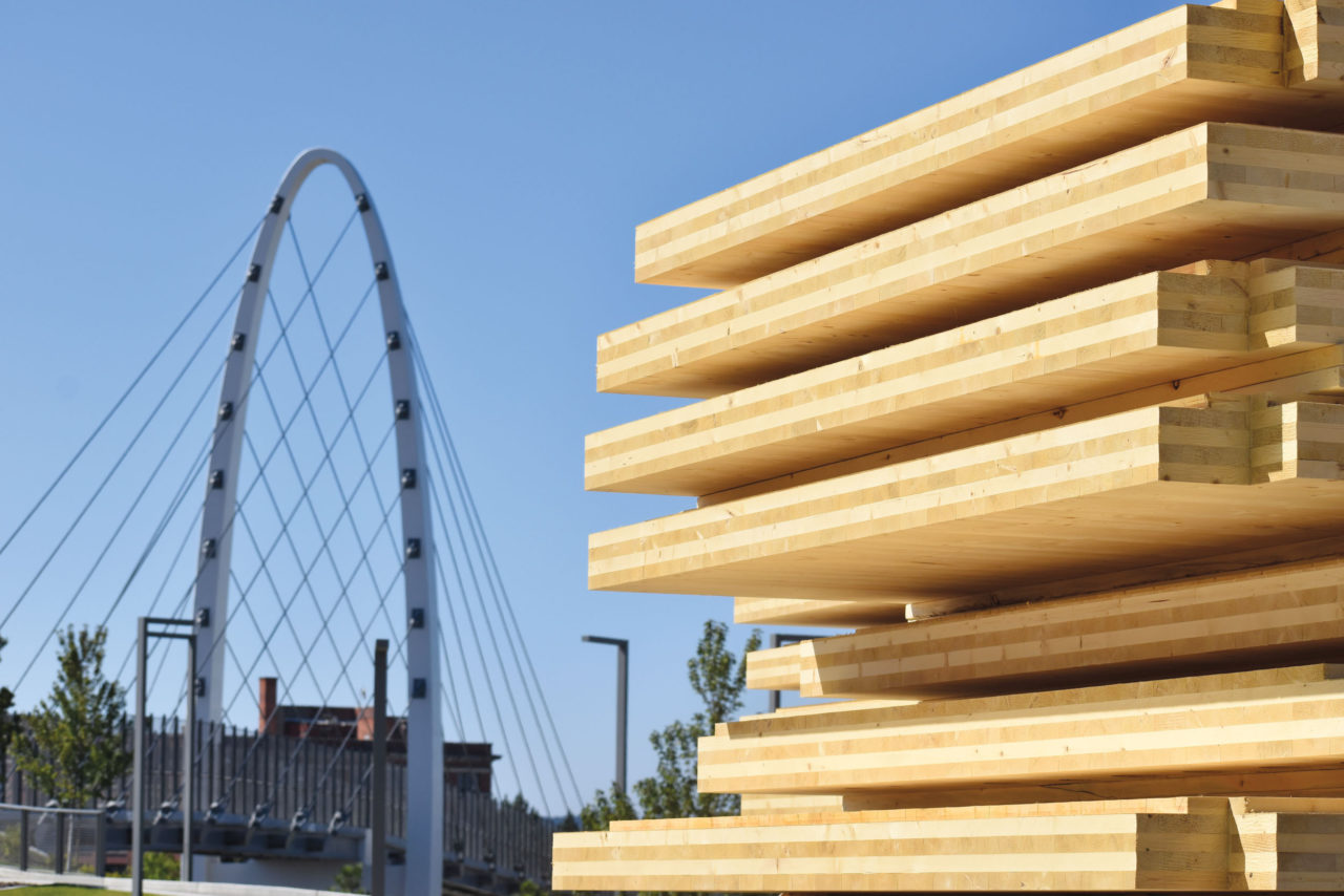 Cross-laminated timber (CLT) from a new factory launched by Katerra in the Spokane Valley in Washington. The facility aims to produce the largest volume of CLT in North America. Photo: McKinstry.