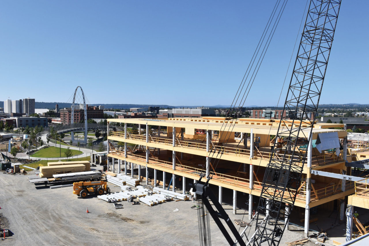The Catalyst Building, a five-story CLT office building currently under construction in Spokane, is being built from Katerra-manufactured CLT. Photo: McKinstry.