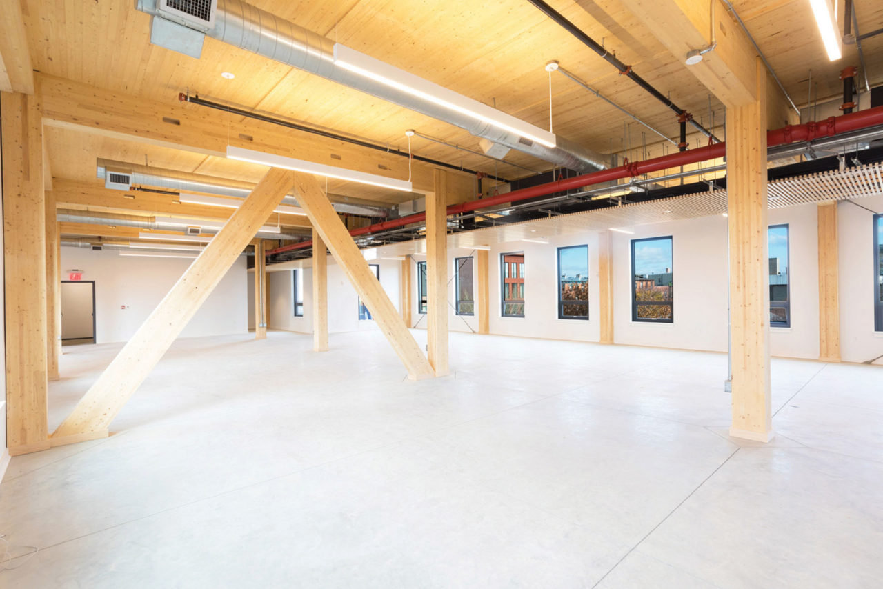 In Brooklyn, 320 Wythe Avenue (pictured) and 360 Wythe Avenue in Williamsburg, designed by Flank Architecture, use nail- laminated timber and are the first mass timber structures built in NYC in over 100 years. Photo: Flank Architecture + Development.
