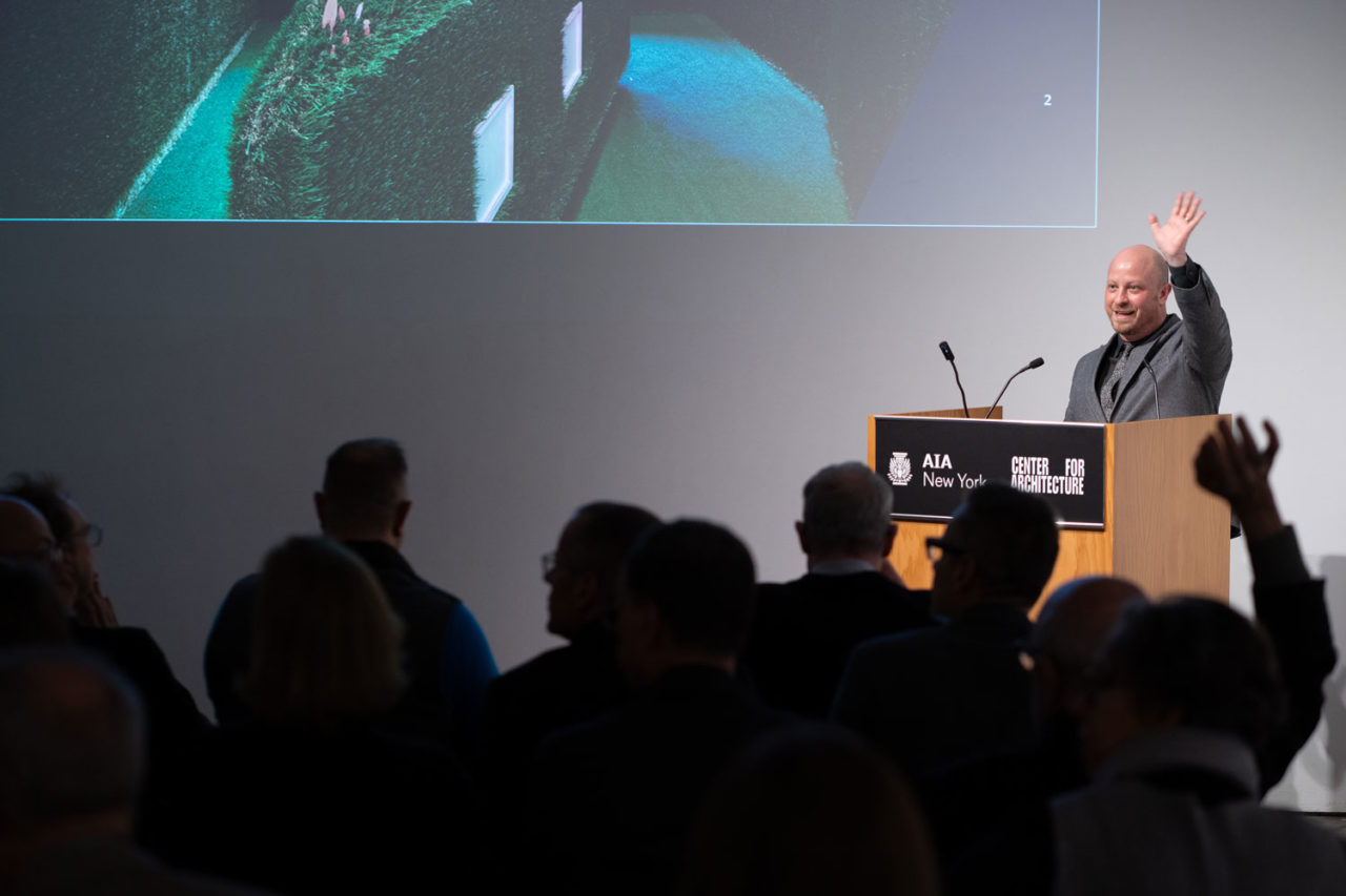 Ben Prosky, Executive Director, AIANY and Center for Architecture, kicked off the event with a review of key AIA initiatives: the new Climate Action Taskforce, NYSERDA’s Buildings of Excellence Awards, the Future of the NYC Waterfront, and more. Photo: Samuel Lahoz.
