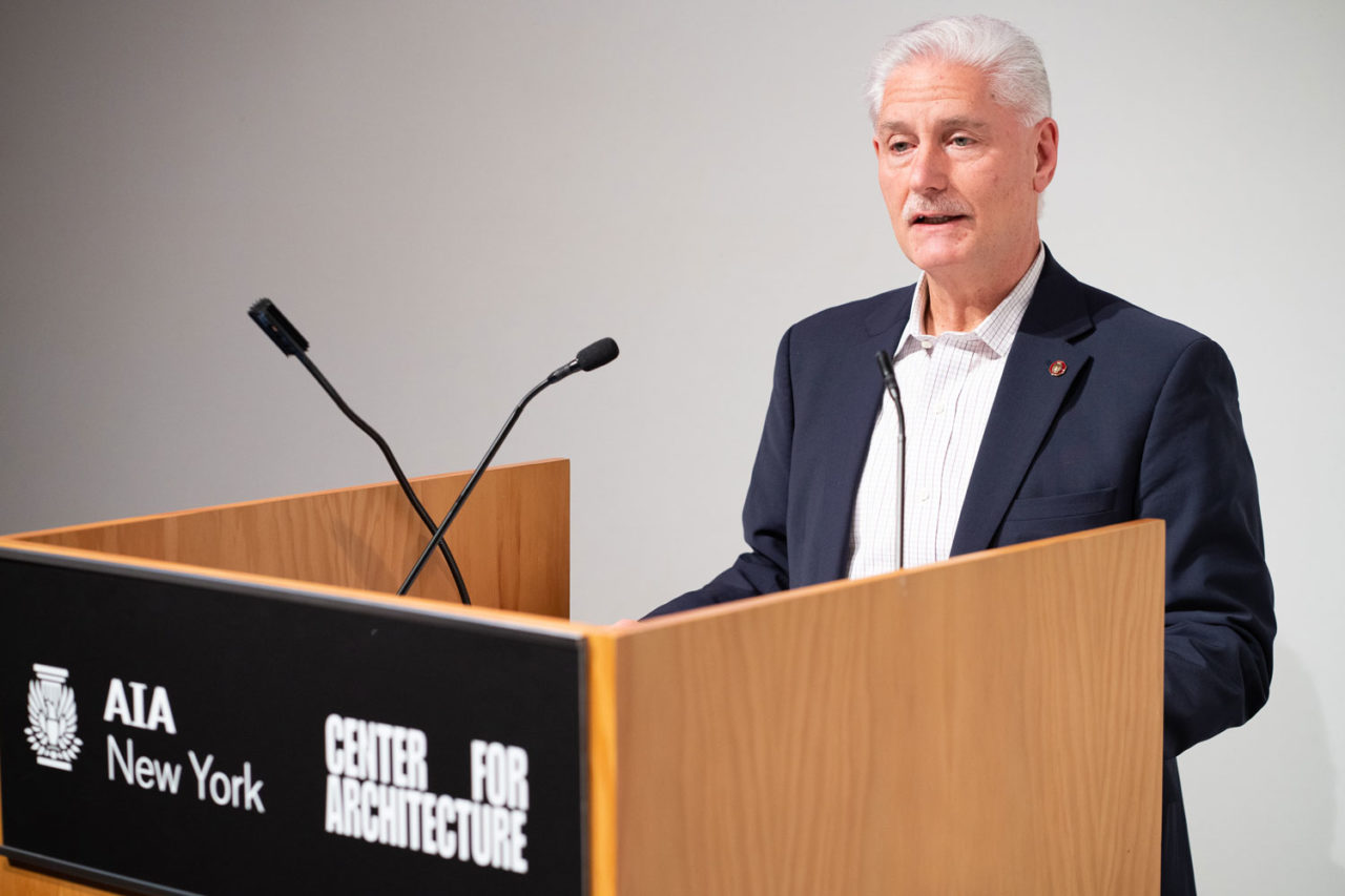 Joseph Aliotta, FAIA, 2020 AIA New York State Board President, conferred the Frederic Schwartz Community Development Award on AIA New York for the 2019 Day of Service. Photo: Samuel Lahoz.