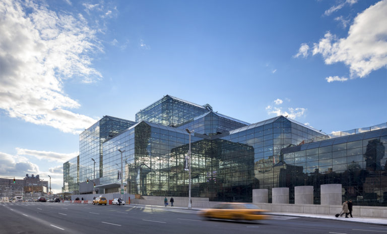 The glass in the Jacob. K. Javits Convention Center, renovated by FXCollaborative in 2013, includes patterns that have caused a 90% drop in bird deaths. Image credit: Chris Cooper.