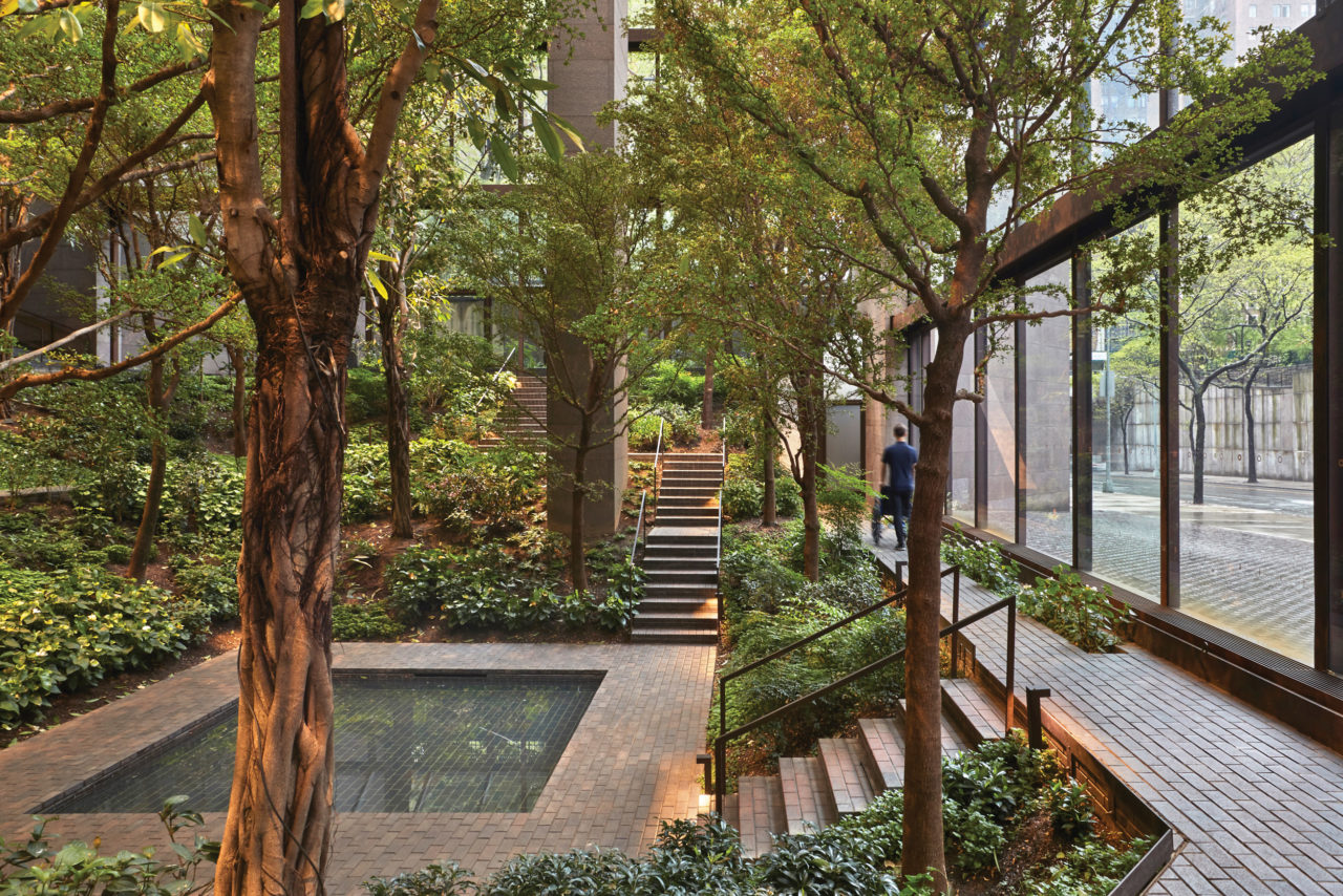 The renovation of the Ford Foundation in 2019 included a tactile sidewalk at the 43rd Street entrance along with the addition of doors large enough for wheelchairs. Photo: Garrett Rowland/Gensler.