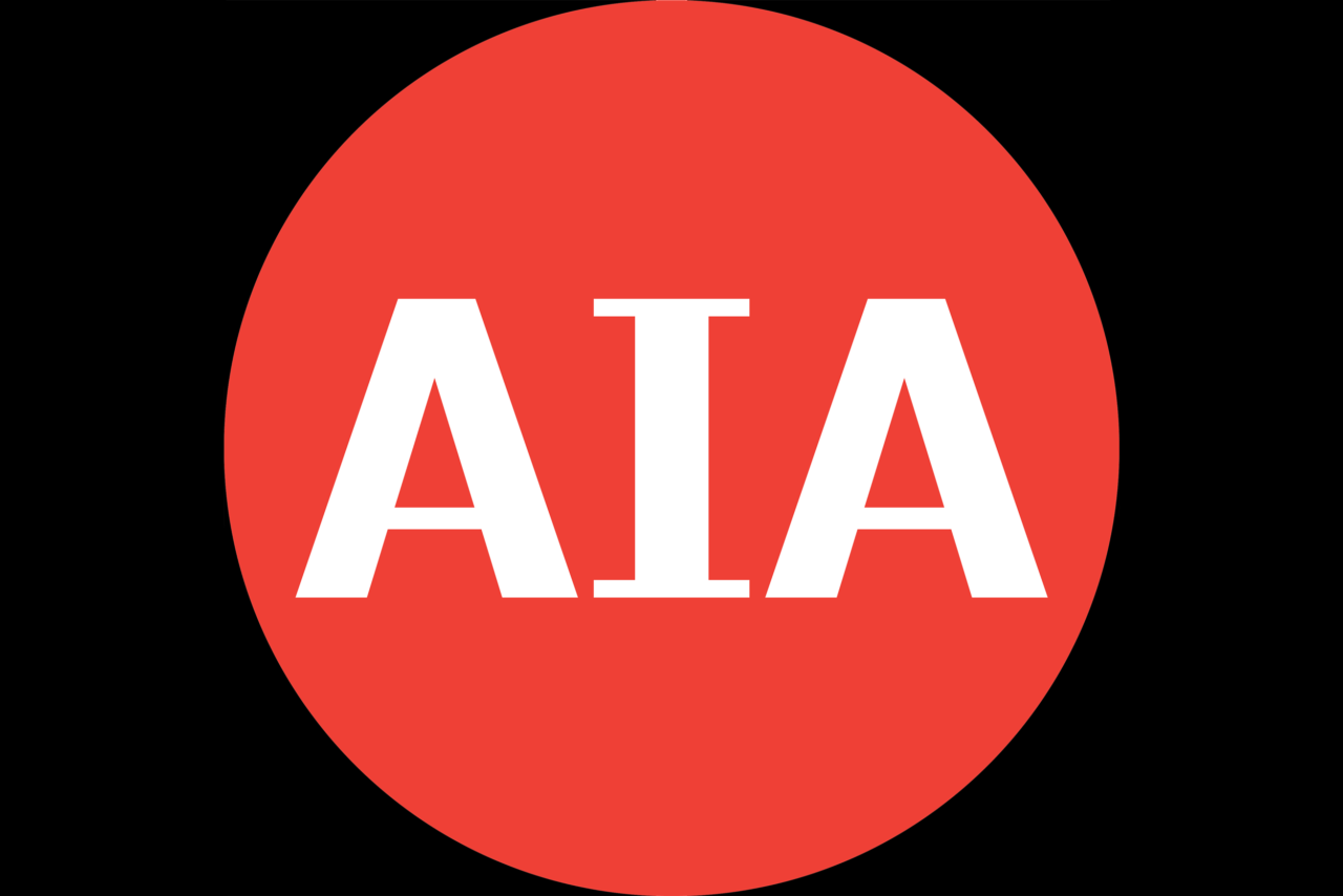 AIA logo, red and white on black background