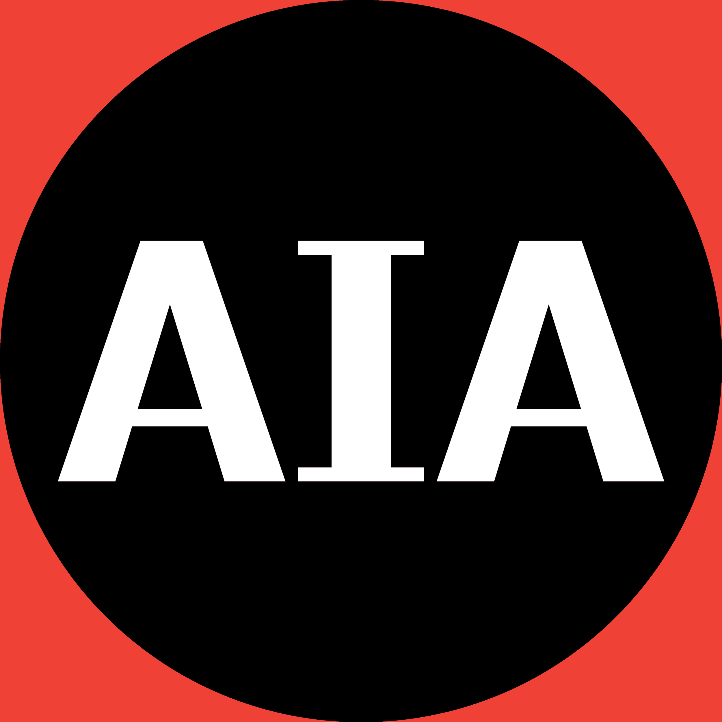 AIA logo, black and white on a red background