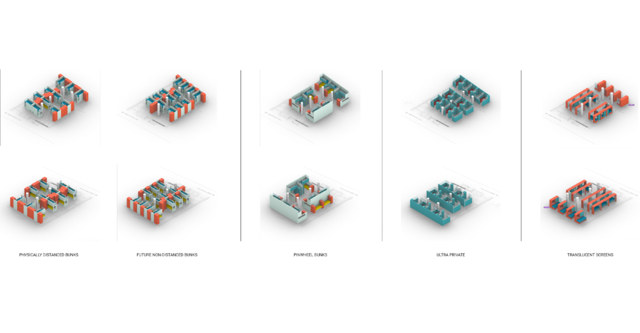 3D studies of a new dorm bed prototype for a homeless shelter network in NYC. Image: Design Advocates.