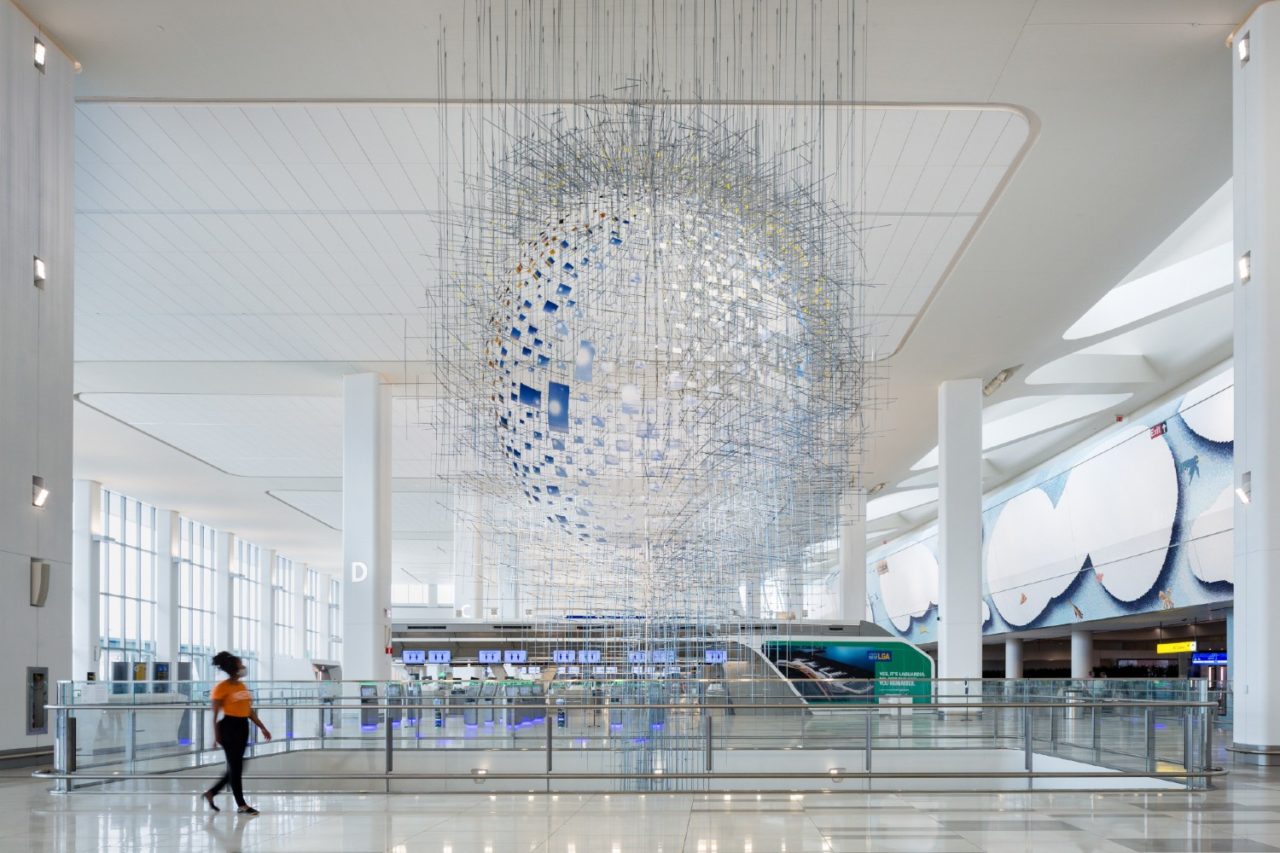 Arrivals and Departures Hall at LaGuardia Airport’s Terminal B by HOK and WSP USA, with artwork by Sara Sze. Photo: Jeff Goldberg/Esto courtesy of LaGuardia Gateway Partners 