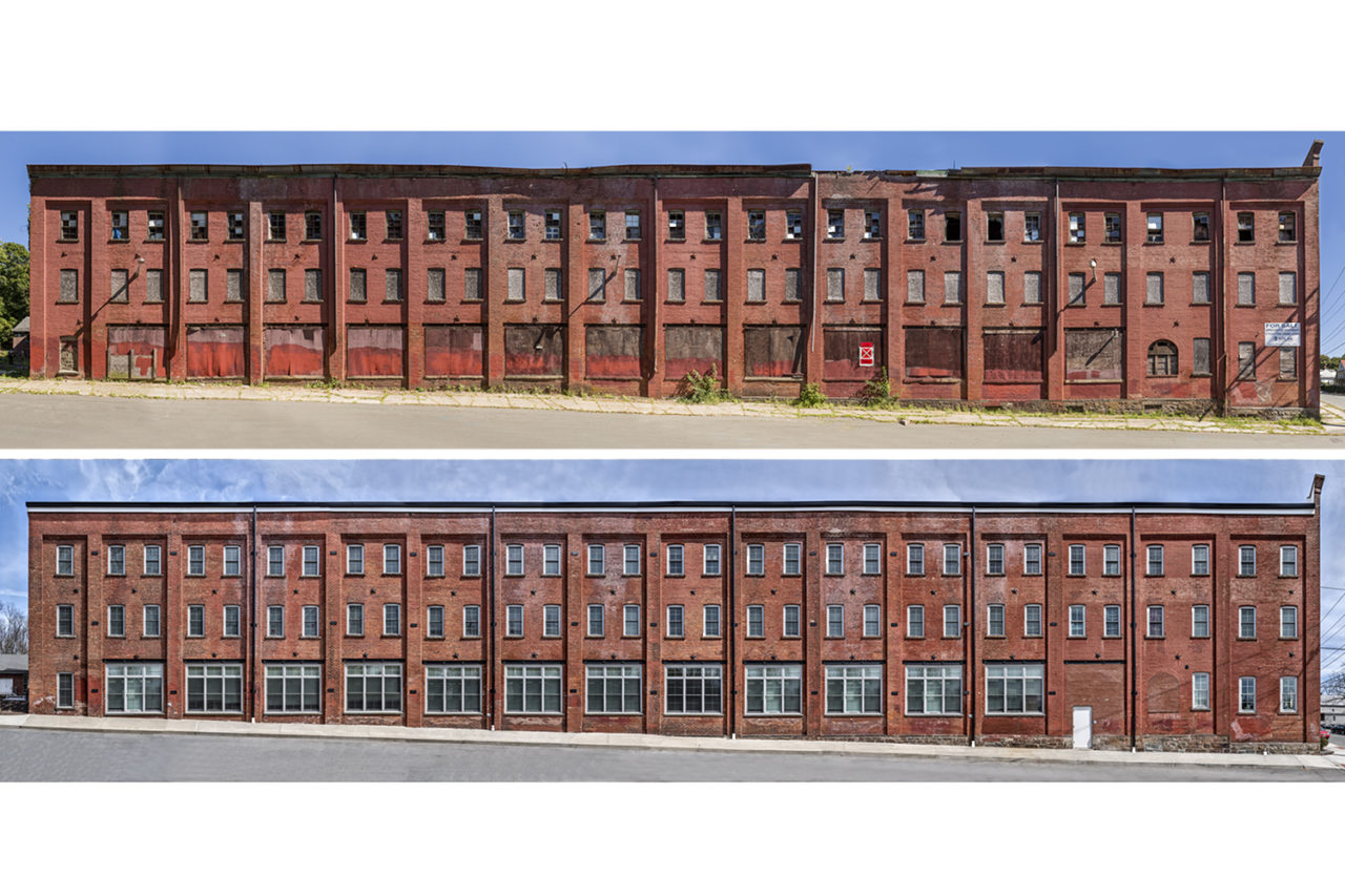 Fuller Brothers Hat Manufactory, Middletown, New York. Exterior before and after restoration. Photo: Jack Kucy.