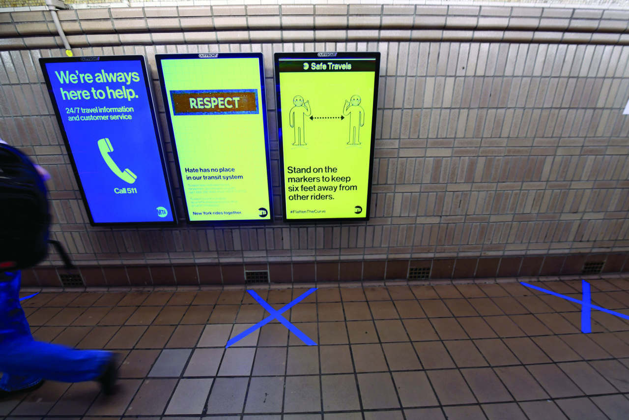 Taped markers and signage in subway stations were an early intervention to encourage riders to stay six feet apart. Photo: Marc A. Hermann / MTA New York City Transit.