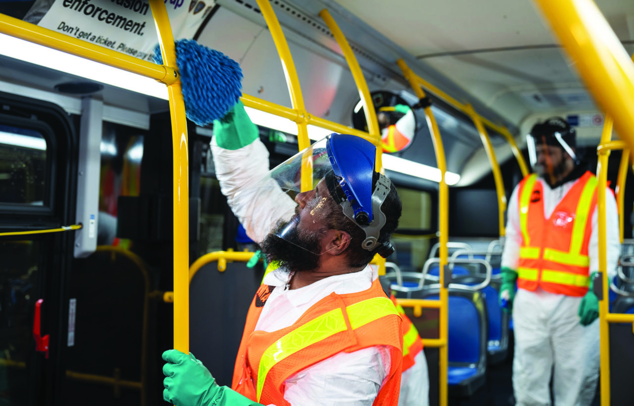 On April 21, New York City Transiit and MTA Bus implemented new measures to protect its 53,000-person workforce and vast ridership. These included disinfecting frequently used surfaces more often and installing vinyl barriers between drivers and riders. Photo: Andrew Cashin/MTA NYC Transit.