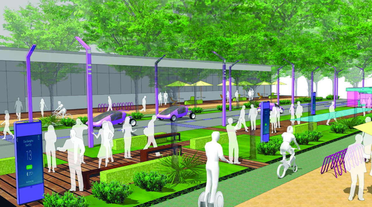 Gensler is designing a confidential Smart City project in Guangzhou, China. A “before” rendering (left) represents a typical street, while an “after” image (right) depicts the use of autonomous modes of public and private transportation and increased areas for pedestrians, cyclists, and people engaging in non-vehicular activities. Images: Courtesy Gensler.