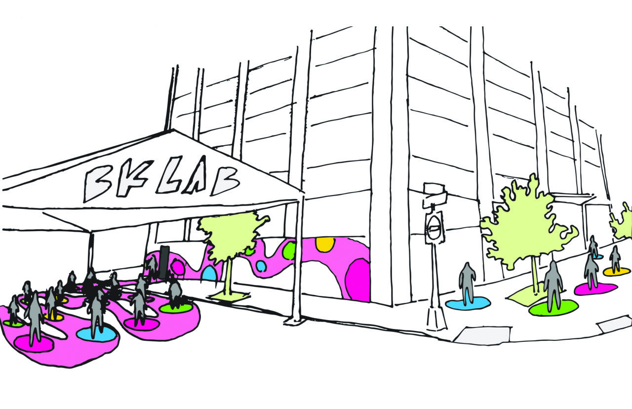 A sample sketch by WXY encourages Brooklyn LAB Charter School students to imagine how social distancing might operate at the arrival and queuing area for their school. Image: WXY Architecture + Urban Design.