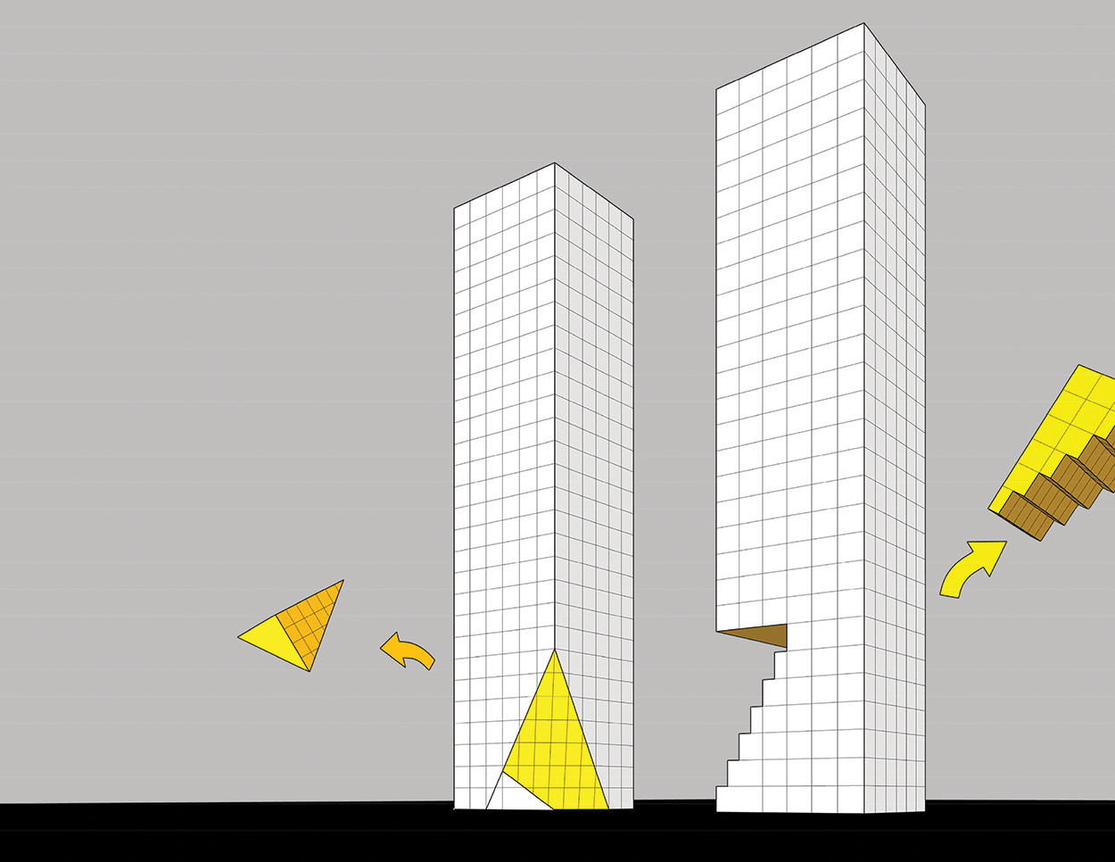 Carves and cuts create a public relationship between buildings and public space. Image: HWKN.