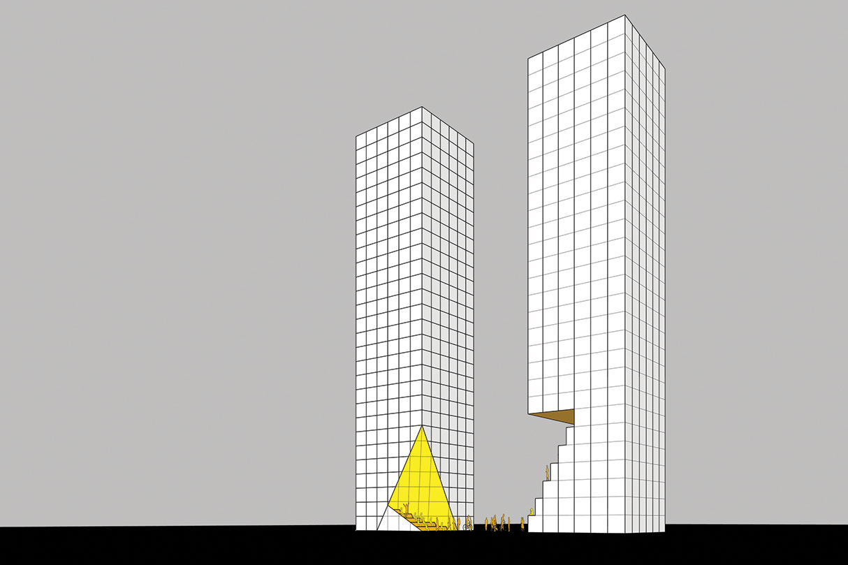 The public space extends into the building, while the building extends into the public. Image: HWKN.
